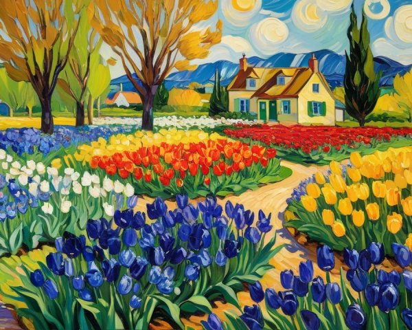 Vibrant Tulip Fields with Charming House and Blue Sky