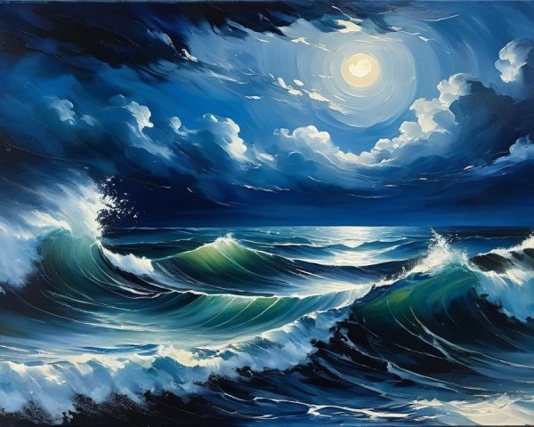Dramatic Night Seascape with Moonlit Waves