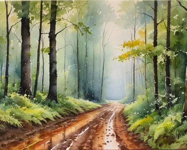 Serene forest scene with winding path and misty light