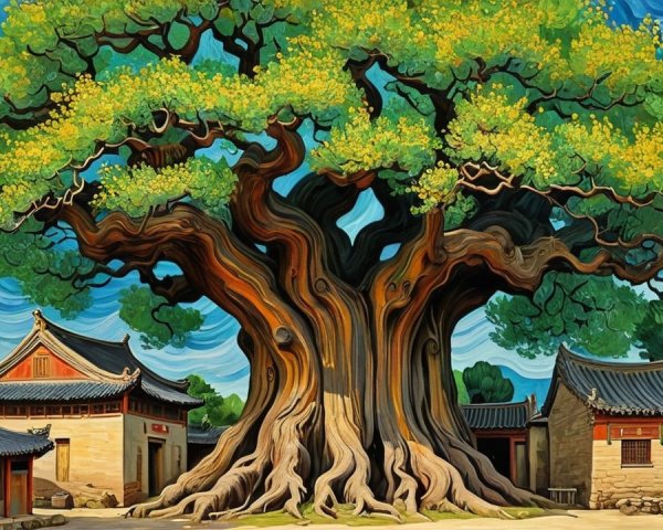 Detailed Digital Painting of an Ancient Tree in Village