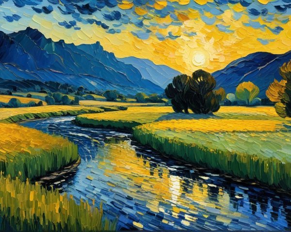 Vibrant Landscape Painting of Serene Sunset Scene