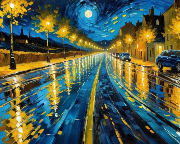 Vibrant Rainy Night Street Scene with Moonlit Reflections
