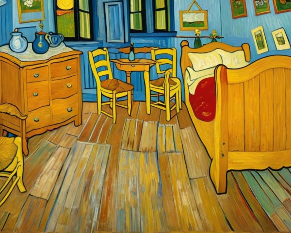 Bedroom Interior with Blue Walls and Yellow Furniture