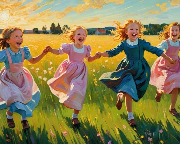 Joyful girls in colorful dresses in a sunlit meadow
