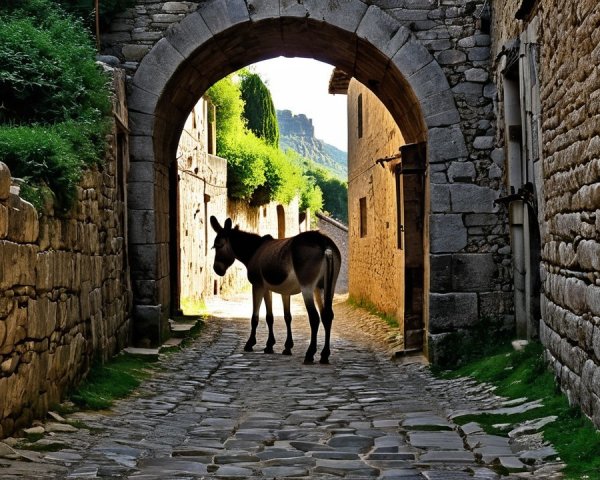 Serene Cobblestone Alleyway with Donkey and Archway