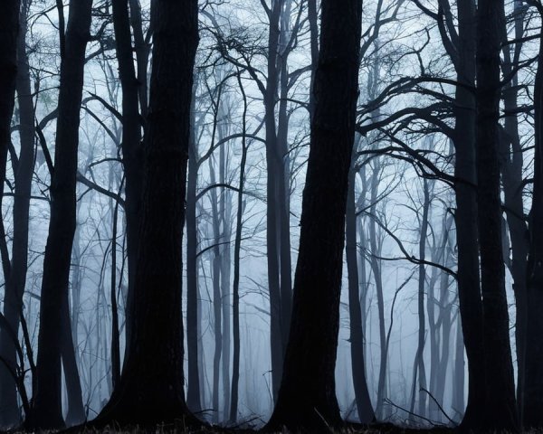 Dense Misty Forest with Tall Gnarled Trees