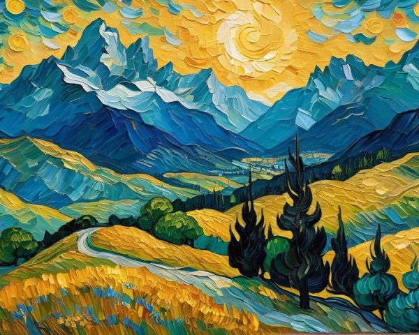 Vibrant Landscape with Golden Sunlight and Rolling Hills