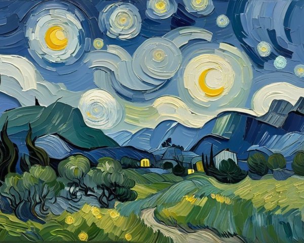 Vibrant Night Scene with Stars and Illuminated Landscape