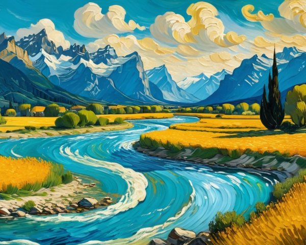 Vibrant Landscape with River and Snow-Capped Mountains