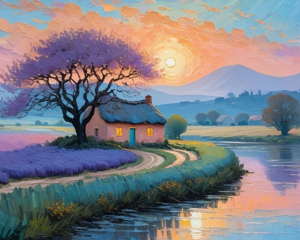 Serene Countryside Scene with Cottage at Sunset