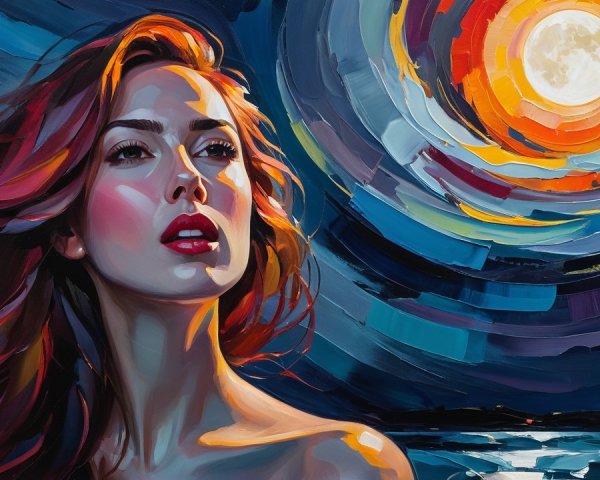 Portrait of a woman with flowing hair under a night sky