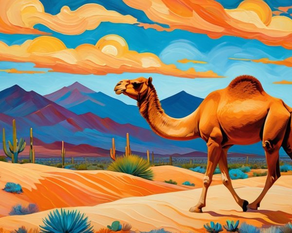 Vibrant Desert Landscape with Camel and Sandstone Formations
