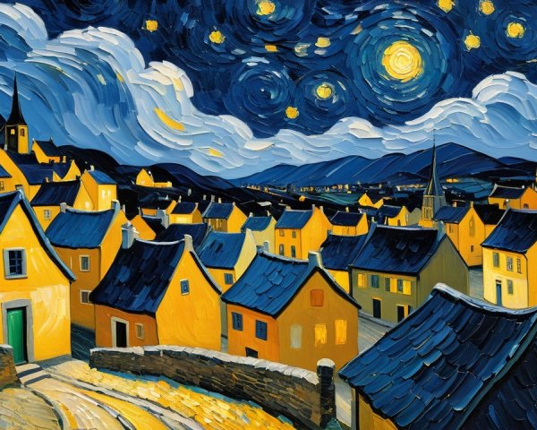 Vibrant Night Sky Over Quaint Village Landscape