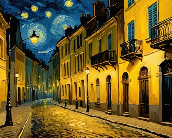 Cobblestone Street with Warm Lights and Starry Sky