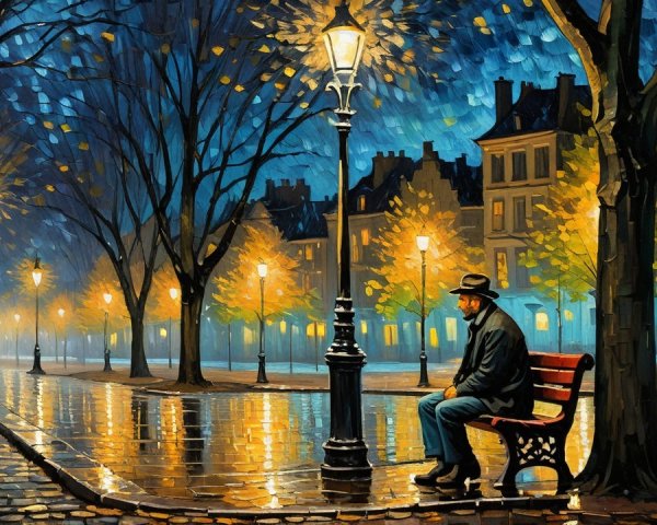 Solitary Figure on a Rainy Autumn Street Bench