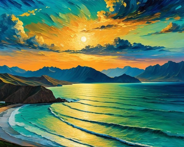 Impressionistic Sunset Over Rugged Coastal Landscape