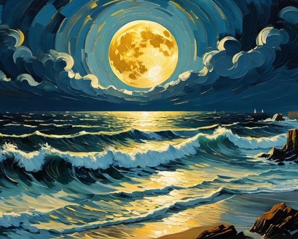 Seascape at Night with Full Moon and Rugged Cliffs