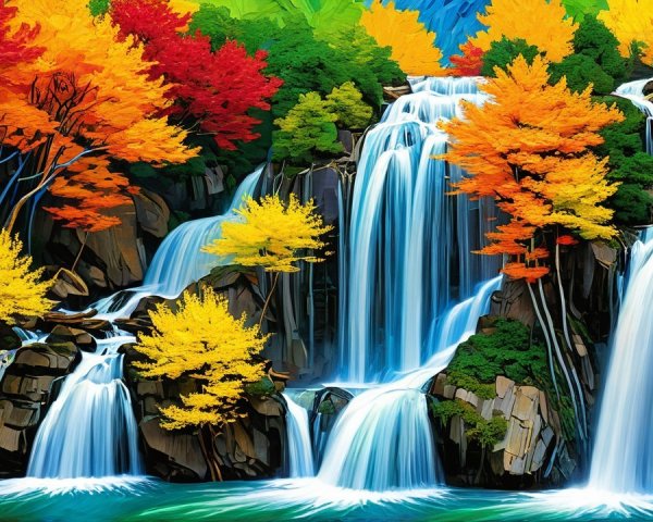 Vibrant Painting of Multi-Tiered Waterfall in Autumn