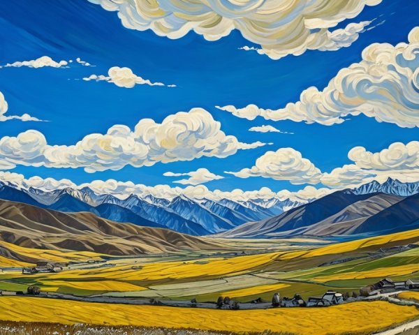 Vibrant Oil Painting of Fields and Mountains Under Sky