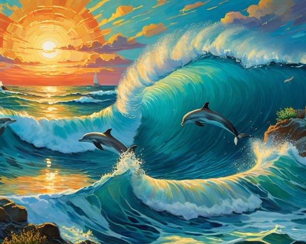 Vivid Seascape with Dolphins and Sunset Colors