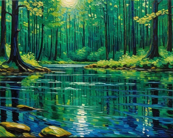 Serene Landscape Painting of River in Lush Forest