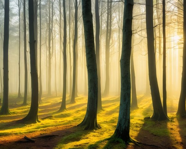 Serene forest scene with golden light and mist