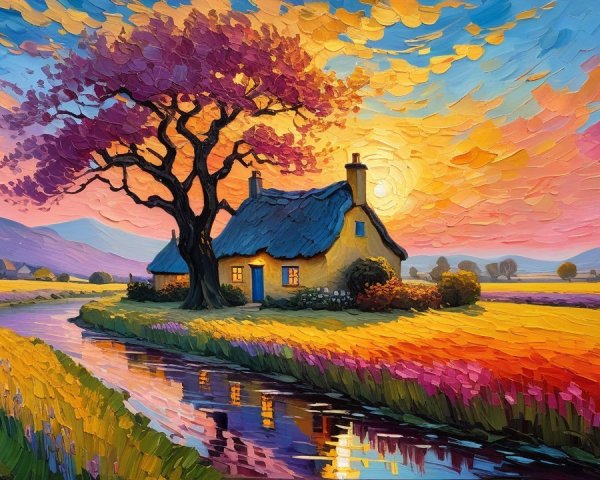 Quaint Cottage by Winding River in Serene Landscape