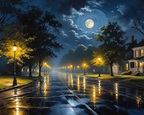 Moonlit Street Scene in a Tranquil Suburban Neighborhood