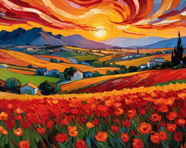 Vibrant Landscape of Hills and Poppy Fields at Sunset