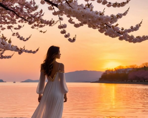 Sunset Scene with Woman by Calm Water and Blossoms