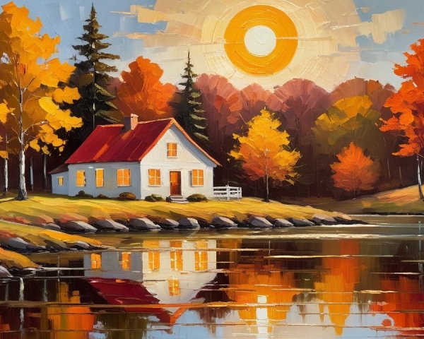 Autumn Lakeside Landscape with Cottage and Trees