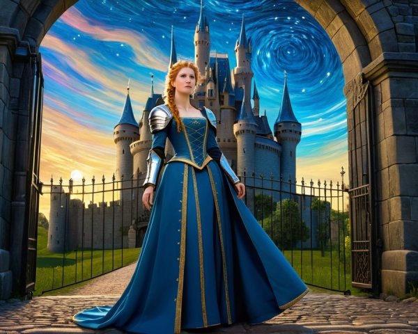 Regal Figure at Castle Entrance in Elegant Blue Gown