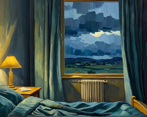 Cozy Bedroom with Warm Lighting and Night Sky View
