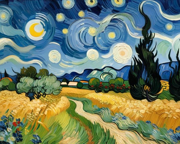 Vibrant Night Sky Over Serene Landscape with Cypress Trees