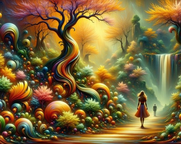 Vibrant Fantasy Landscape with Colorful Foliage and Waterfall