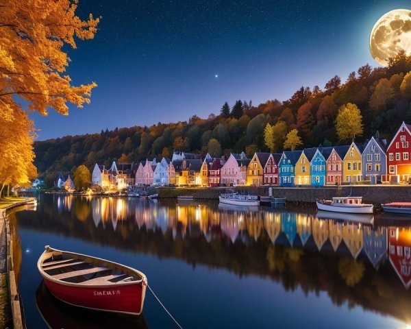 Serene Nighttime River Scene with Colorful Houses