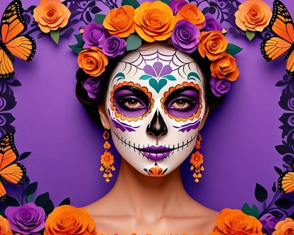 Woman with Sugar Skull Makeup and Orange Roses