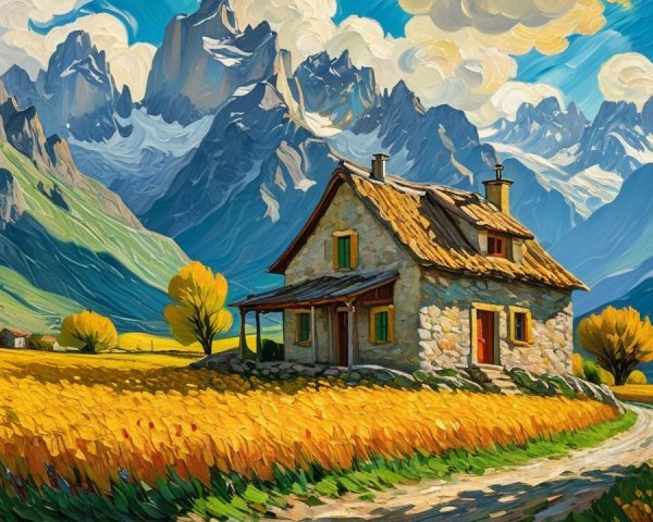 Vibrant Oil Painting of a Tranquil Mountain Village