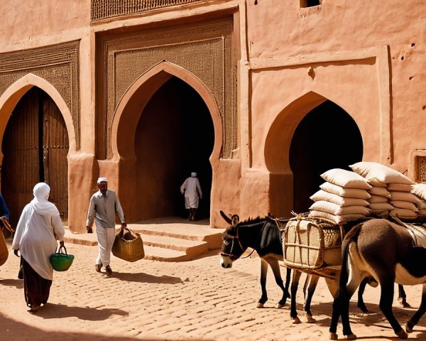 Traditional Market Scene with Sandstone Architecture