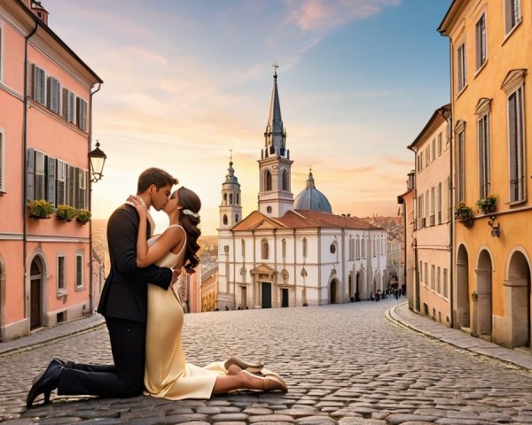 Romantic Kiss on Cobblestone Street at Sunset