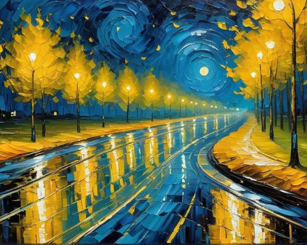 Impressionistic Scene of a Winding Road at Night