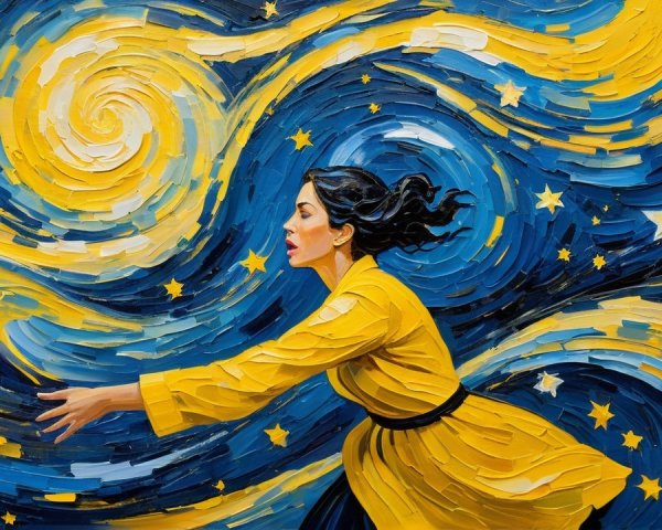 Woman in Yellow Robe Against Cosmic Night Sky