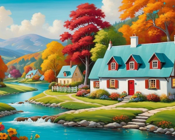 Charming Autumn Landscape with Colorful Trees and Cottages
