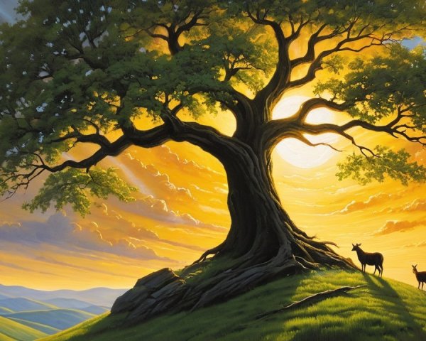 Majestic tree on a hill with grazing deer at sunset
