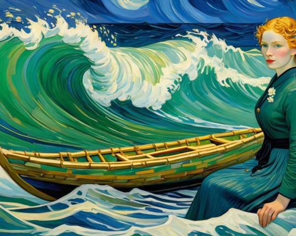 Folk Art Painting of Redheaded Woman by Boat and Waves