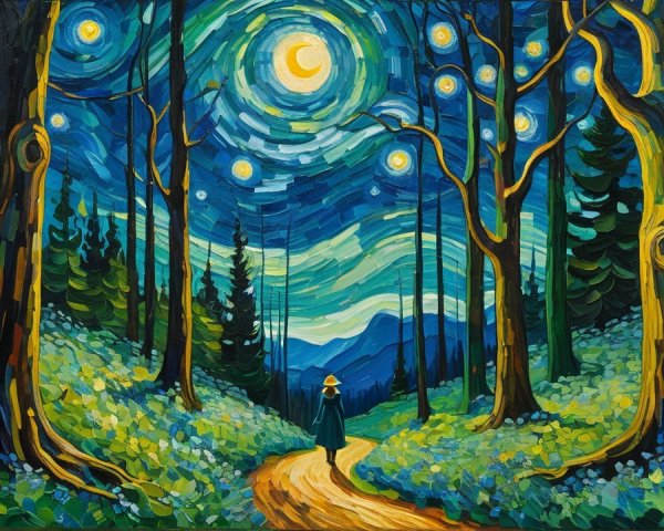 Nighttime Forest Scene with Woman on Yellow Path
