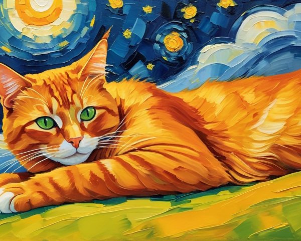 Orange Cat on Green Surface with Starry Night Sky