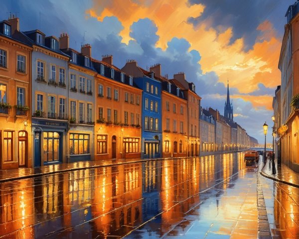 Charming Dusk Street Scene with Illuminated Buildings