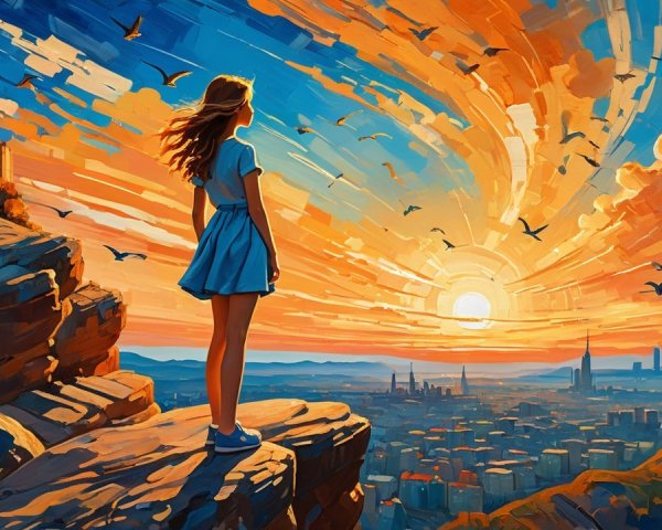 Woman on Rocky Overlook Watching Vibrant Sunset