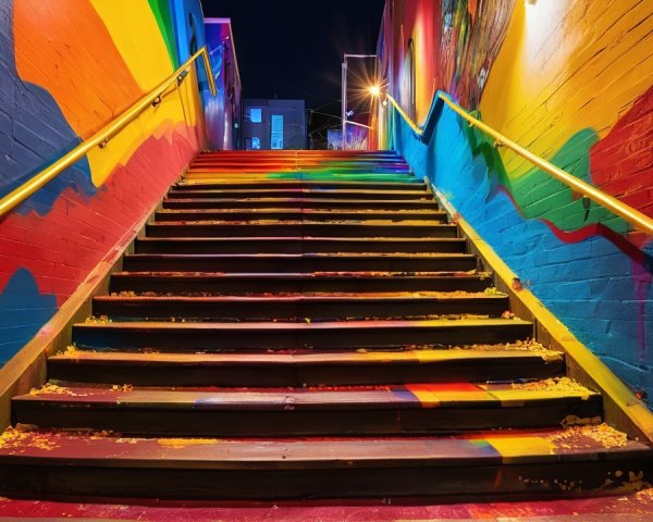 Vibrant Nighttime Staircase with Rainbow Murals